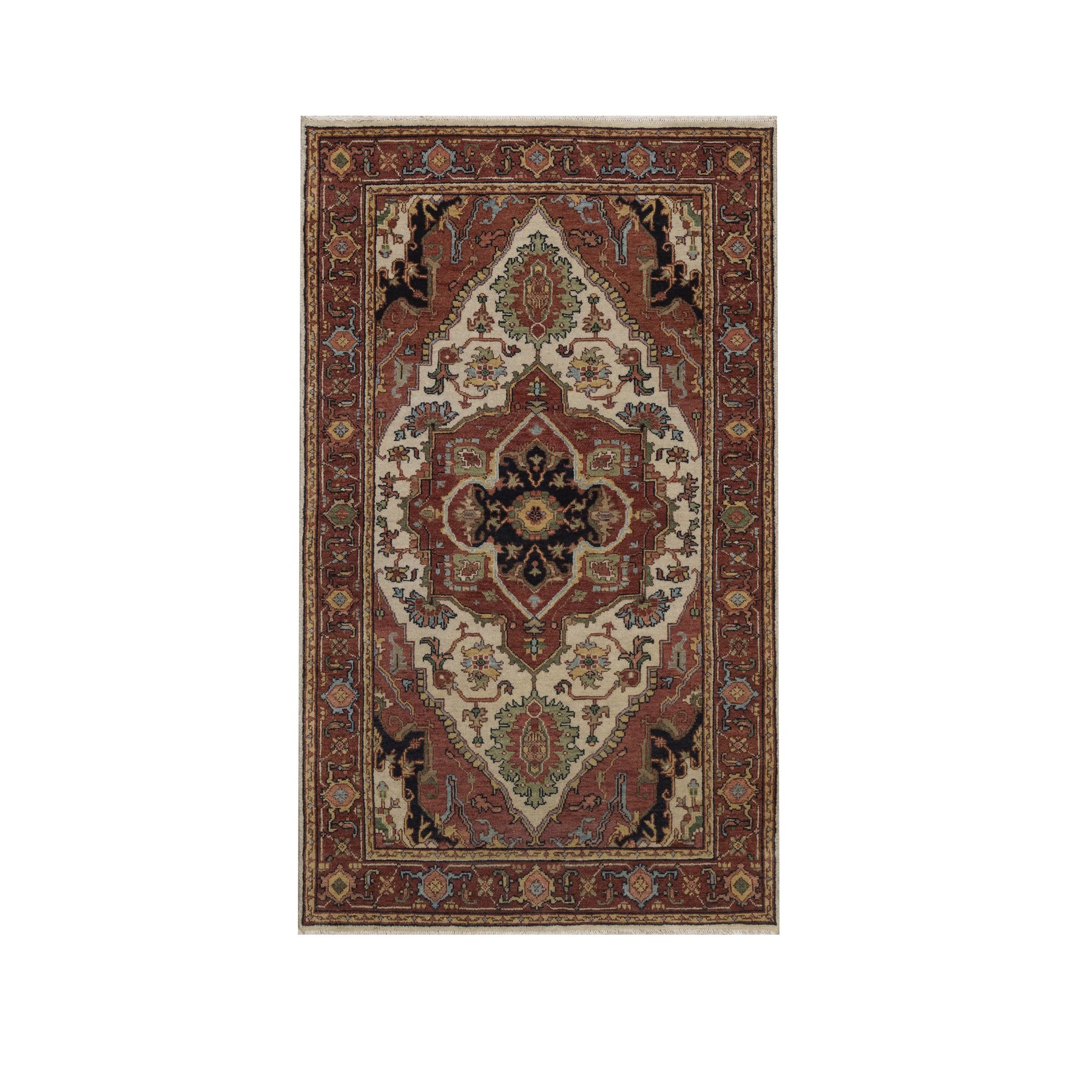 3'x5' Chiffon White, Antiqued Fine Heriz Re-Creation, Medallion Design, Hand Knotted, Hand Spun New Zealand Wool, Soft Pile, Vegetable Dyes, Oriental Rug 